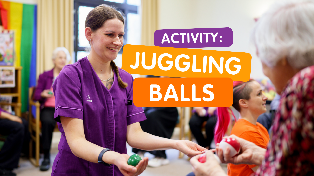 A white female care member laughs while holding out juggling balls to someone. words read: 'juggling balls'